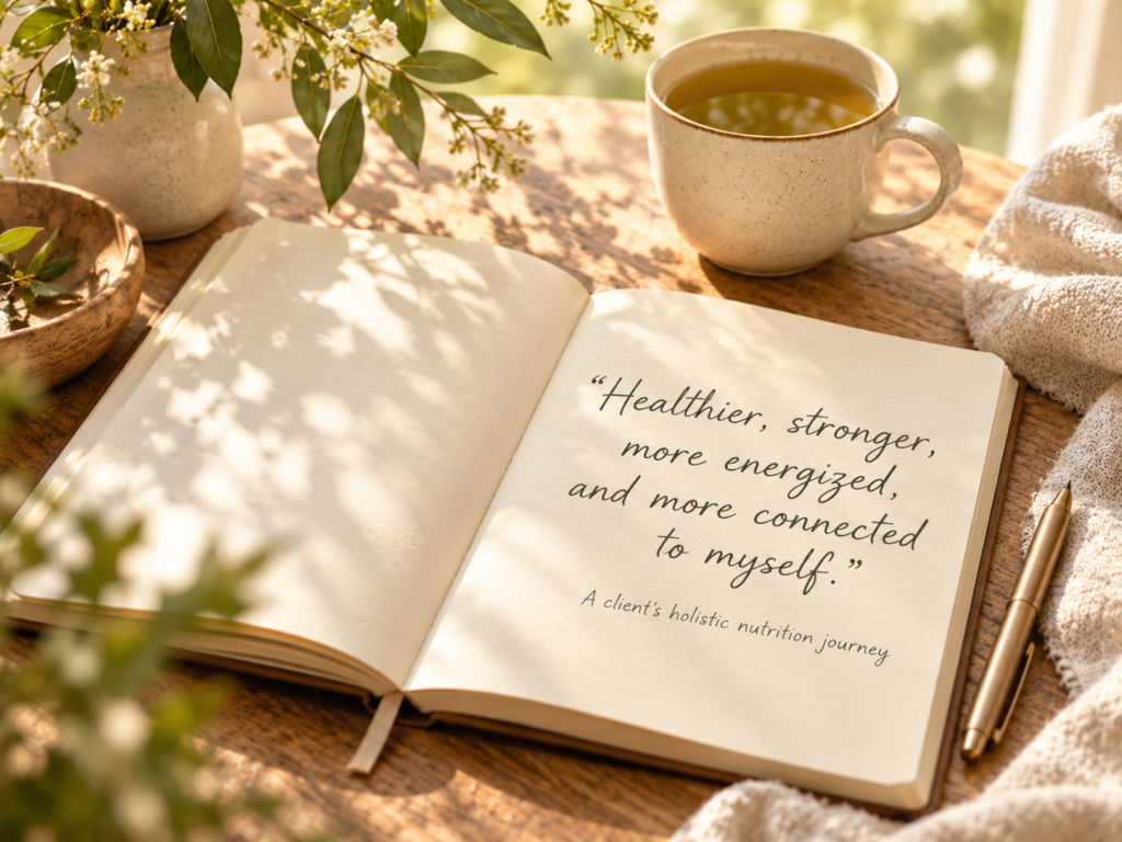 Journal displaying a client quote: “Healthier, stronger, more energized, and more connected to myself,” beside a cup of tea.